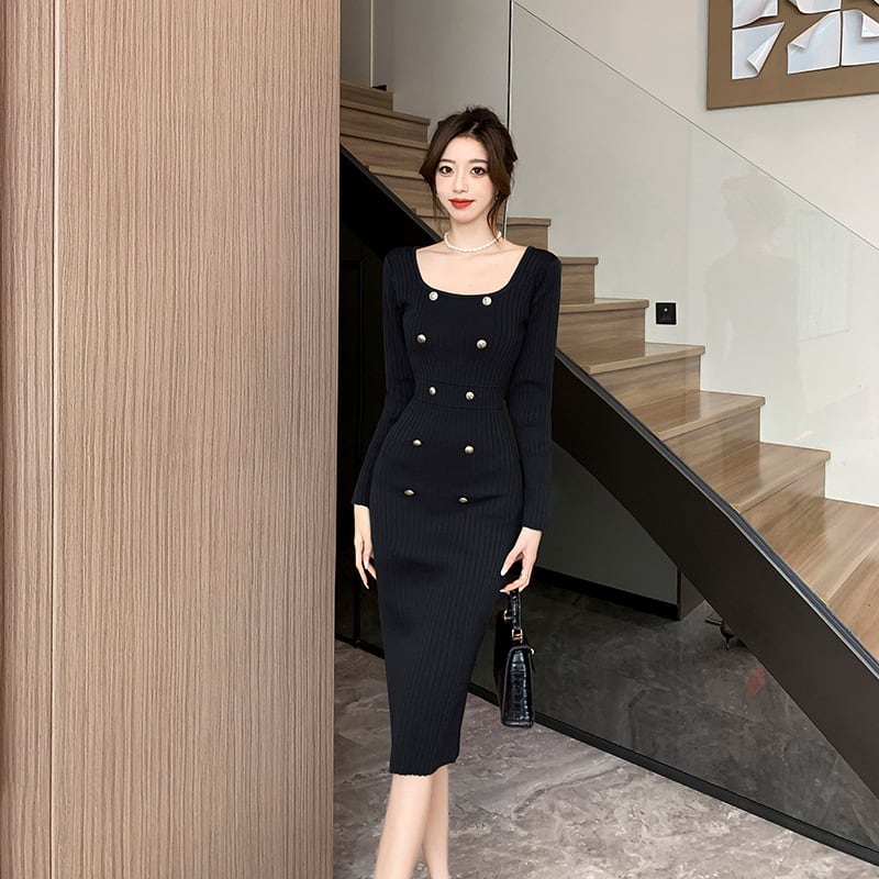 【dress】ダブルボタンニットワンピース　M18208