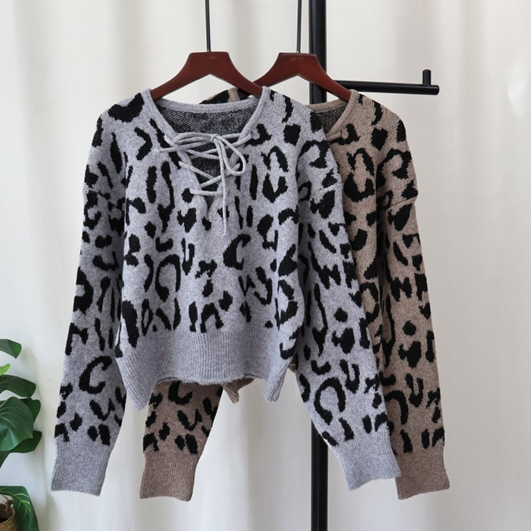 【tops】レースアップヒョウ柄ニットトップス　M26617