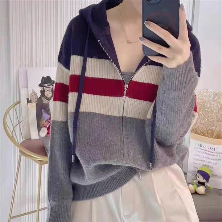 【outer】ファスナー配色フード付きニットカーデ　M18099