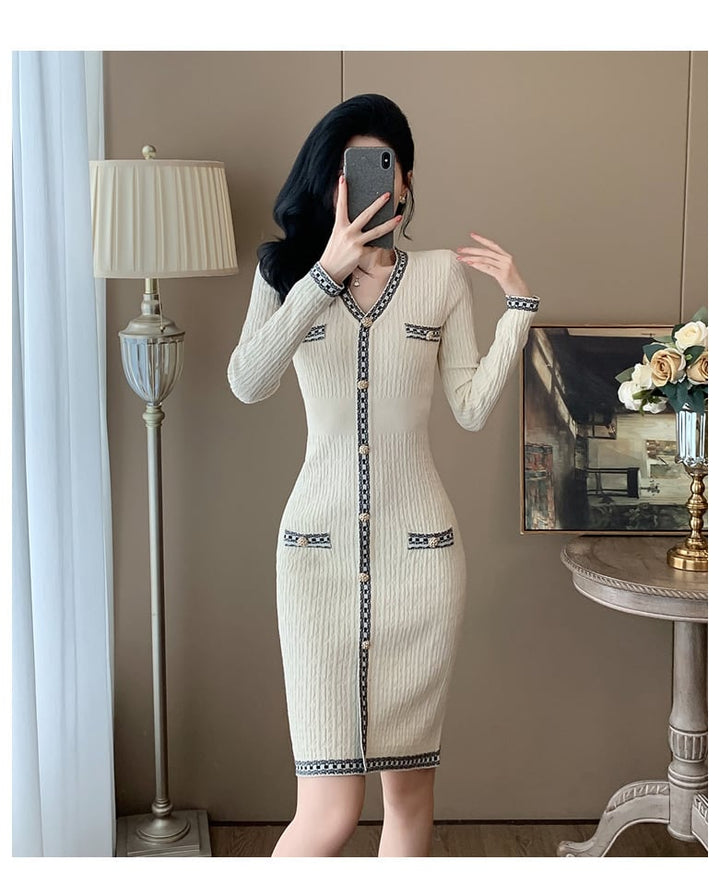 【dress】Vネックニットワンピース　M25364