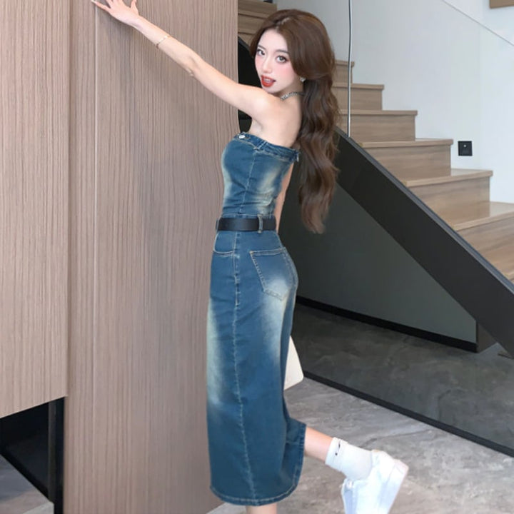 【dress】韓国系ファッションセクシーデニムワンピース　M17191