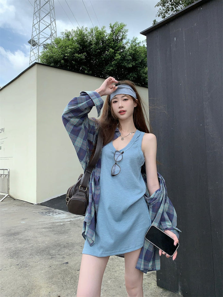 【set】ノースリーブトップス×チェック柄シャツセット　M25109