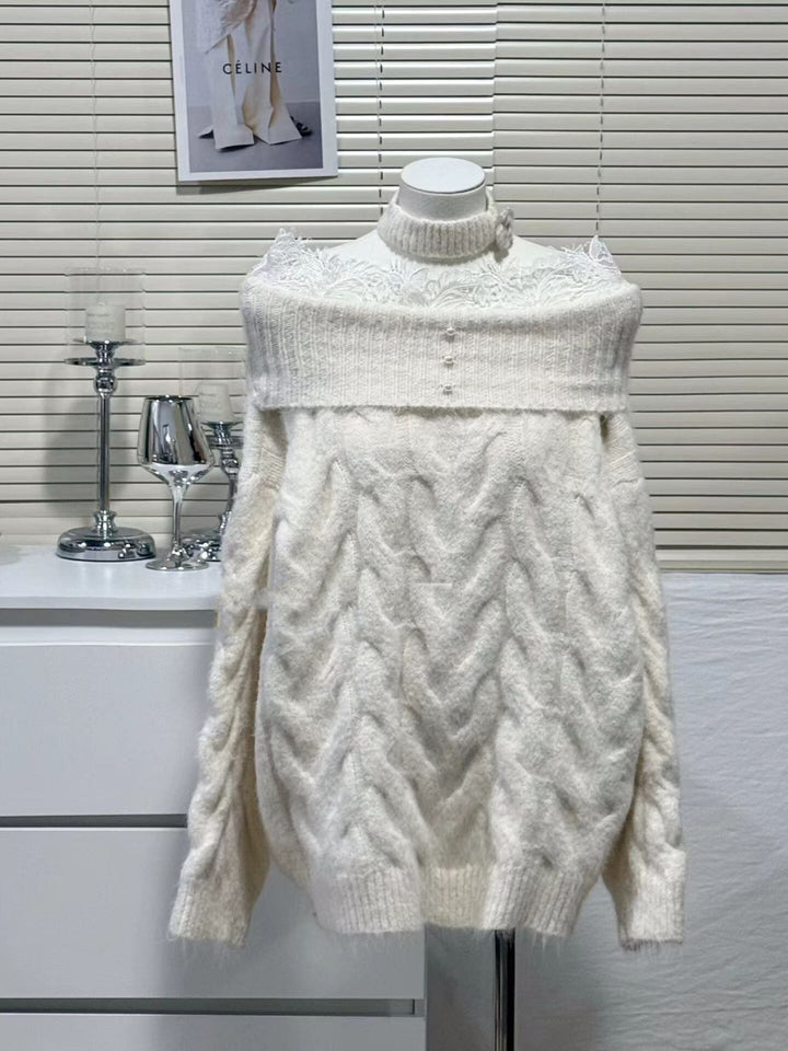 【tops】レースドッキングオフショルダーニットトップス Q7680