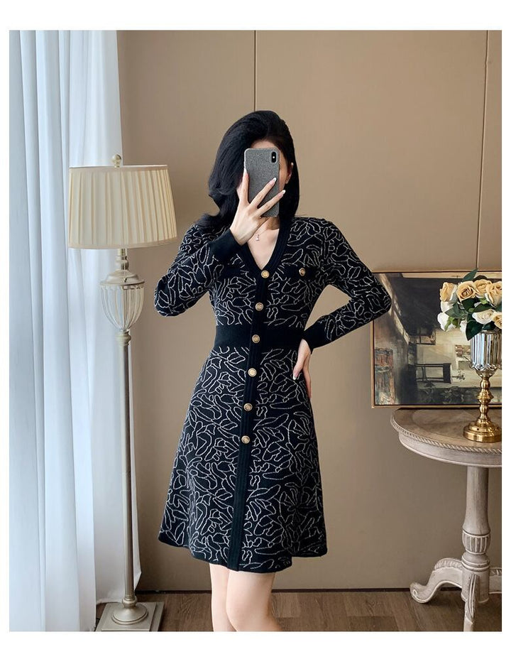 【dress】ジャカードVネックニットワンピース　M27683