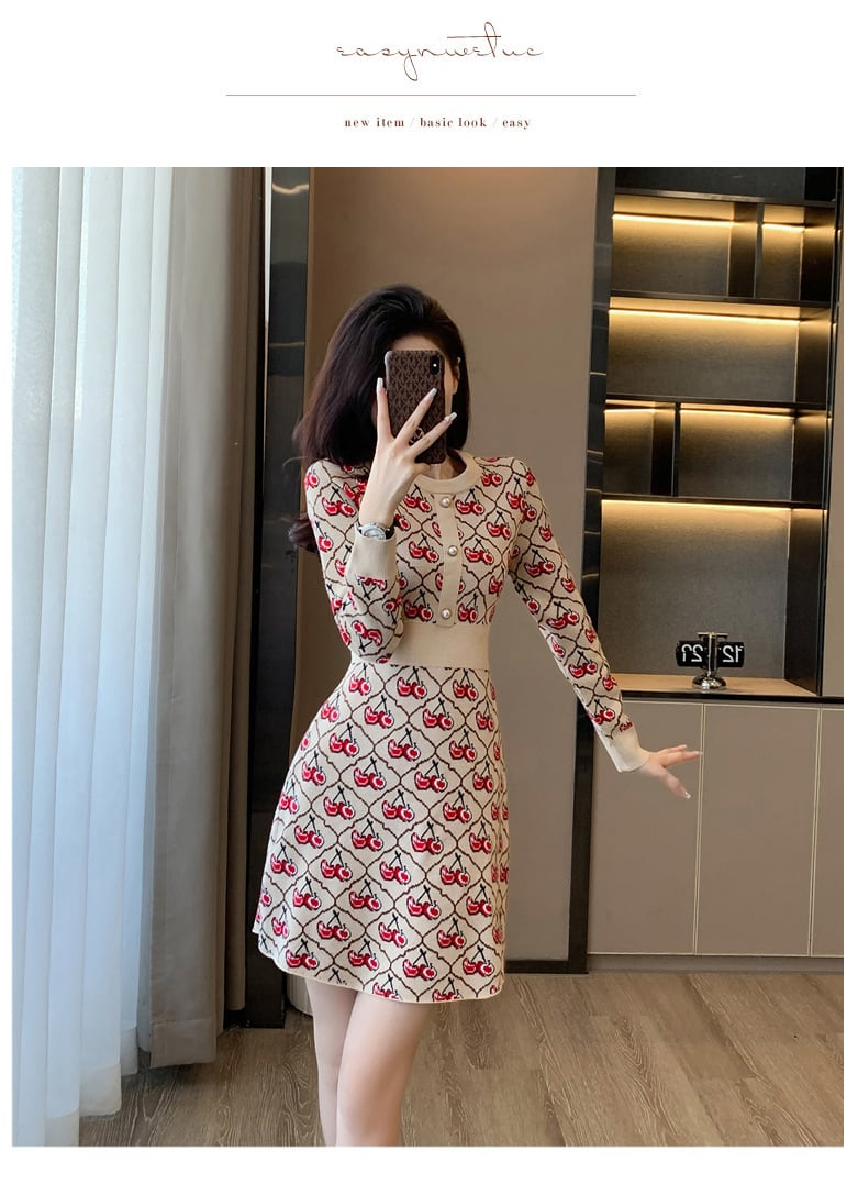 【dress】チェリー柄ニットワンピース　N2032