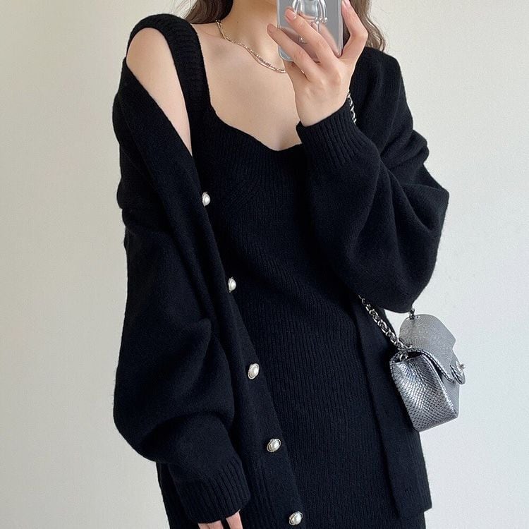【set】ニットカーデ×キャミワンピースセット　M25427