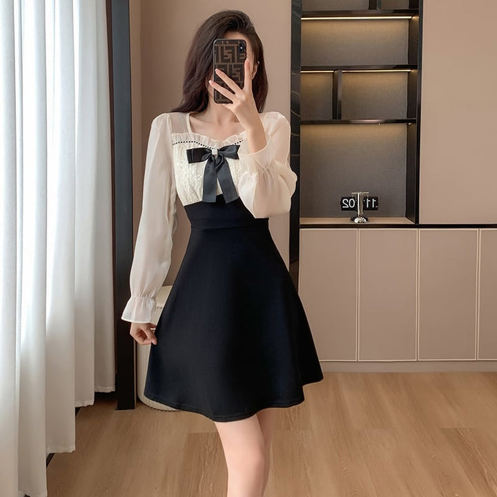 【dress】リボン付き切り替えデートワンピースオシャレ　M17575