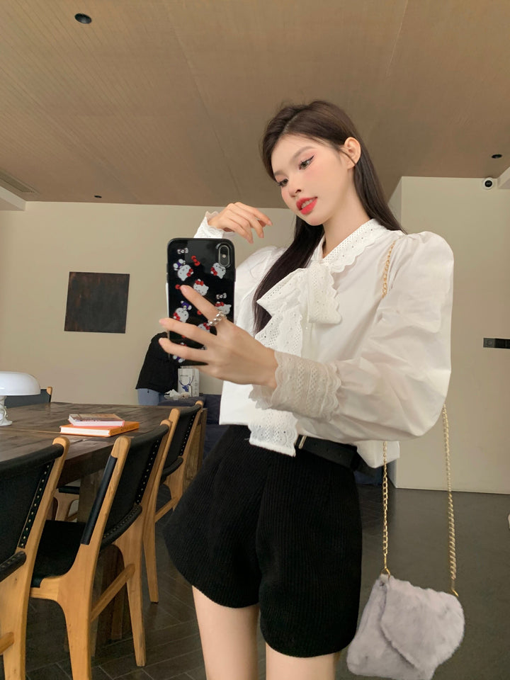 【tops】レース切り替えシャツブラウス　M29816
