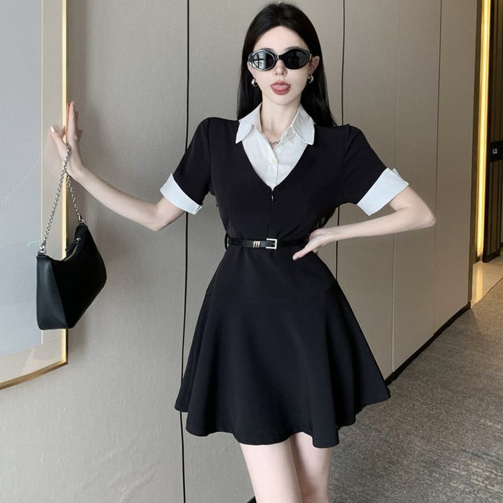 【dress】POLOネック切り替えワンピースベルト付き　M17173
