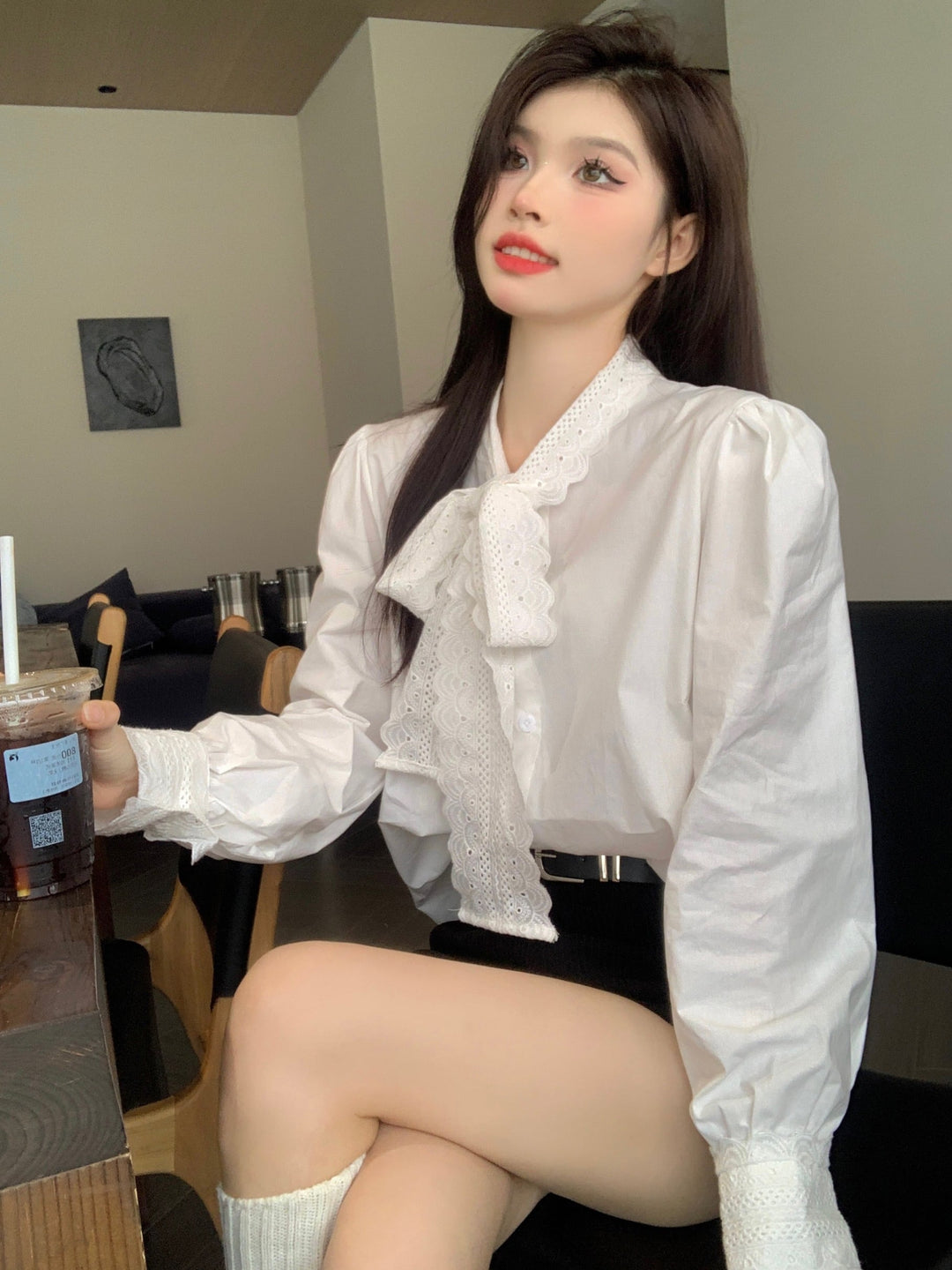 【tops】レース切り替えシャツブラウス　M29816