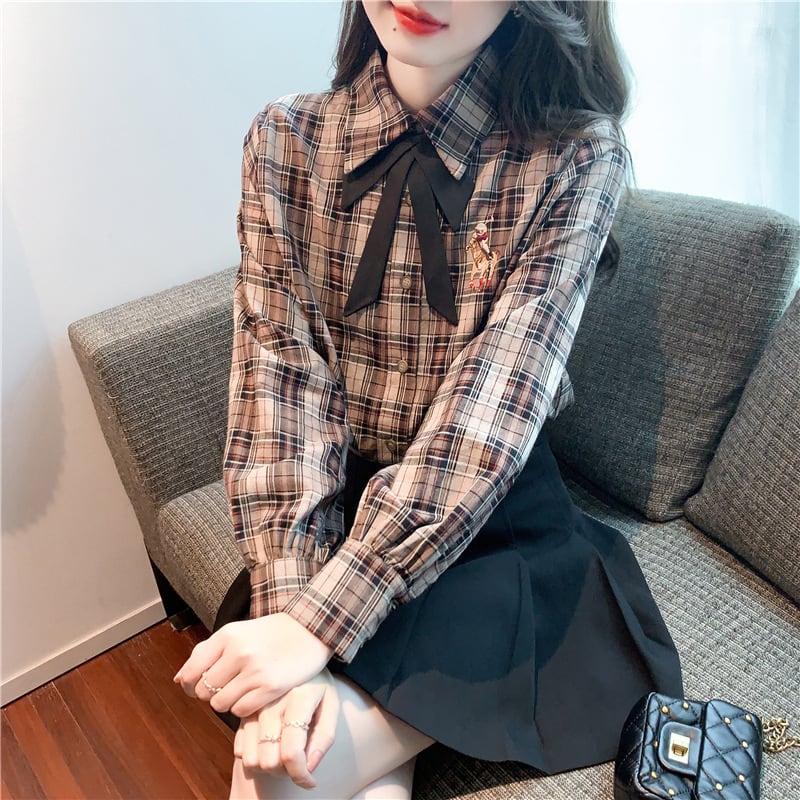【tops】気質満点大人可愛いリボン付きチェック柄シャツ　M17329