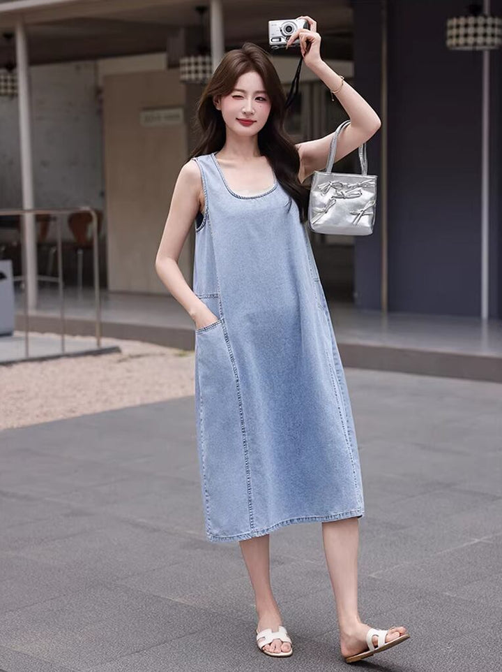 【dress】デニムロングベストワンピース Q8422