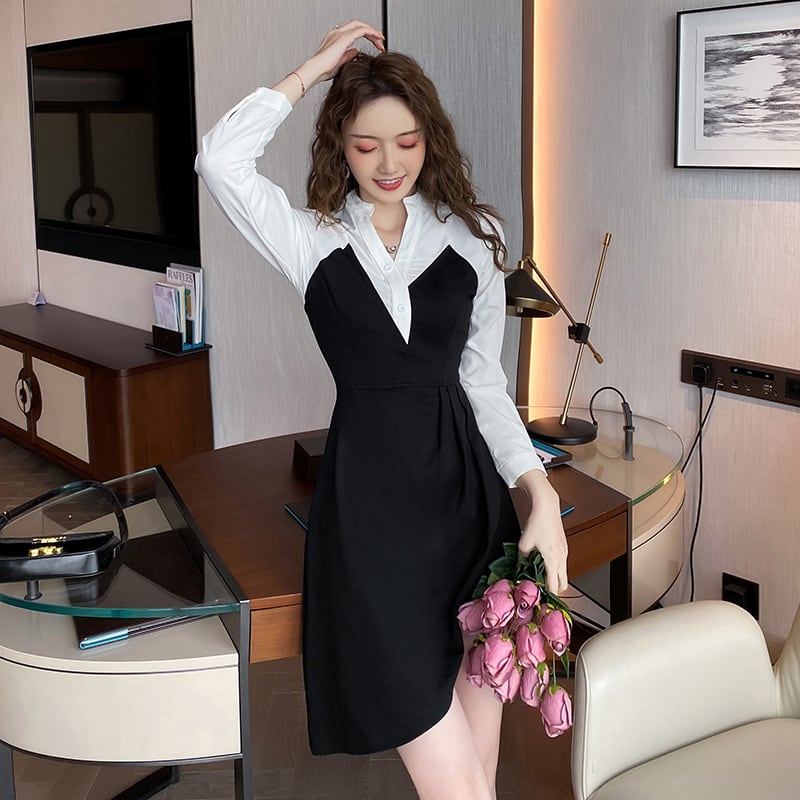 【dress】不規則 イレギュラー切り替え配色ワンピース　M17182