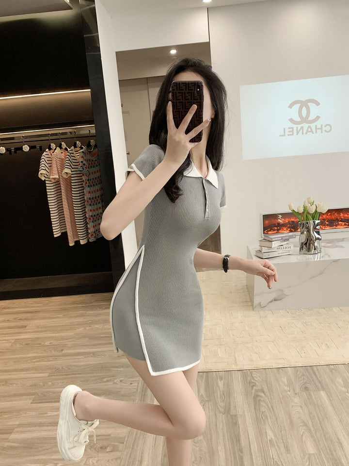 【dress】絶対流行POLOネックニットワンピース着瘦せ　M17396