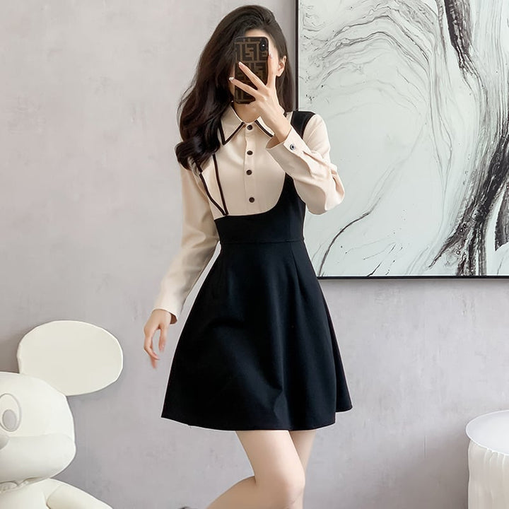 【dress】韓国系折り襟フリル切り替えデートワンピース　M17399