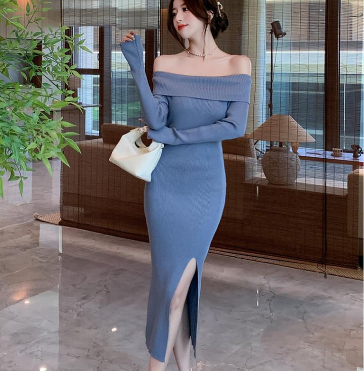 【dress】ボートネックスリットニットワンピース　M18085