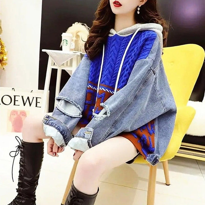 【tops】デニム切り替えニットセーター　M26809