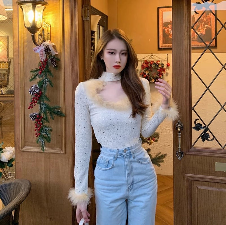 【tops】ファーキラキラカットワークトップス　M18075
