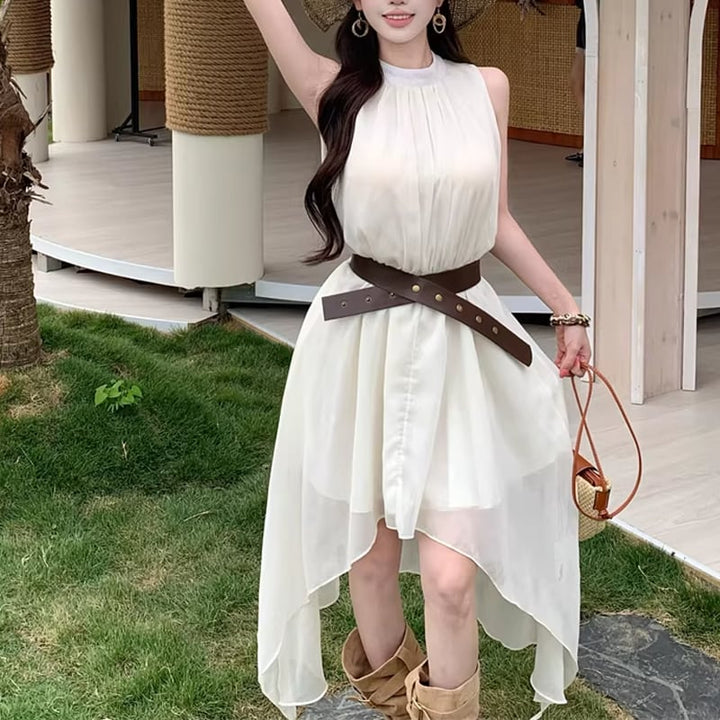 【dress】ベルト付きノースリーブシフォンイレヘムワンピース Q8263