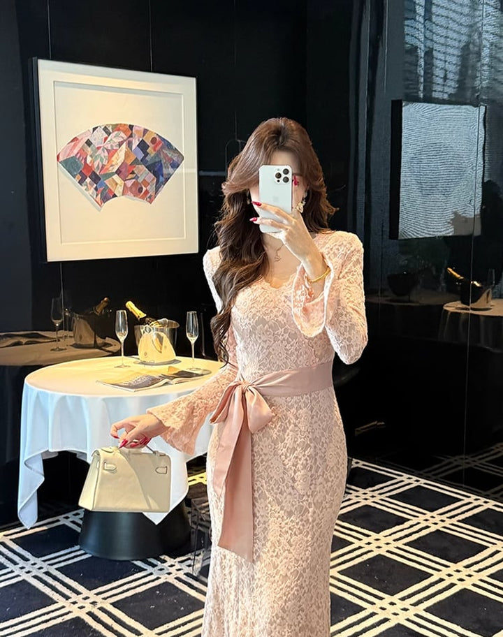 【dress】リボン付きロングレースワンピース Q7671