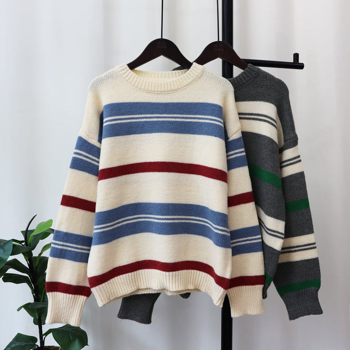 【tops】クルーネックボーダー柄ニットセーター　M17996