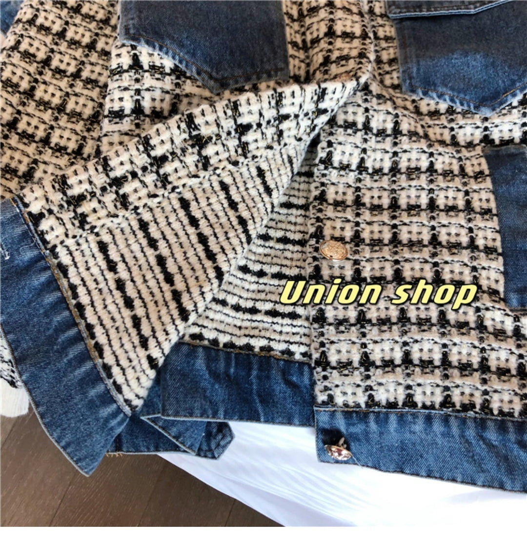 【outer】デニム切り替えツイードニットジャケット　M17772