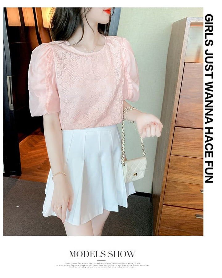 【tops】パフスリーブジャカードカットワークトップス　M17126