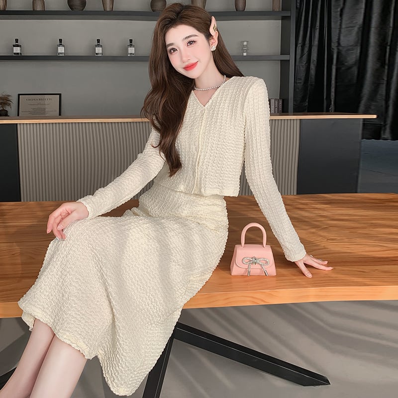 【set】美人度アップVネックトップス+スカート2点セット　M17581