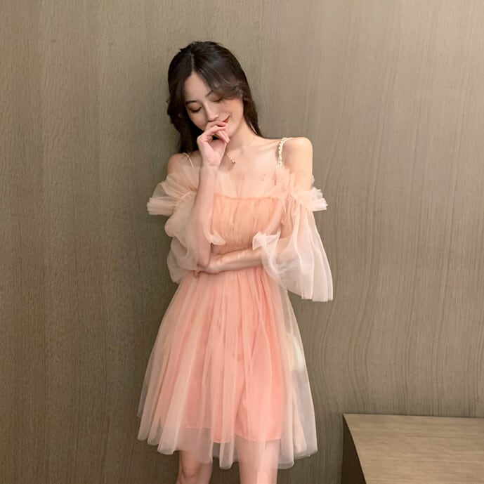 【dress】ギャザーオフショルチュールワンピース　N2666