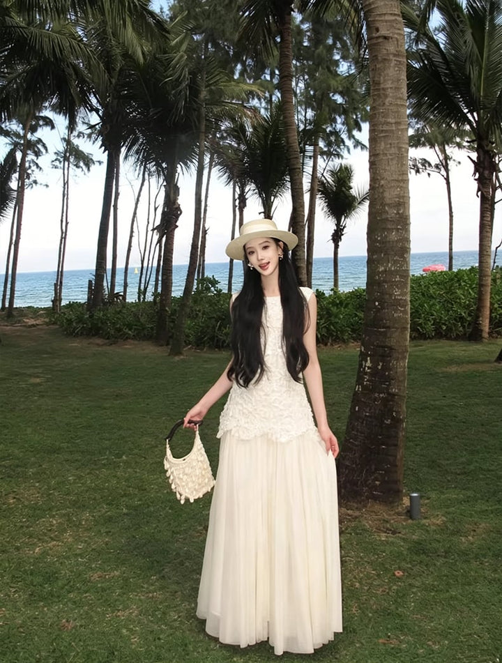 【dress】ノースリーブレースドッキングロングワンピース Q8466
