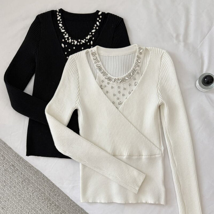 【tops】ラインストーン付きニットトップス Q7614