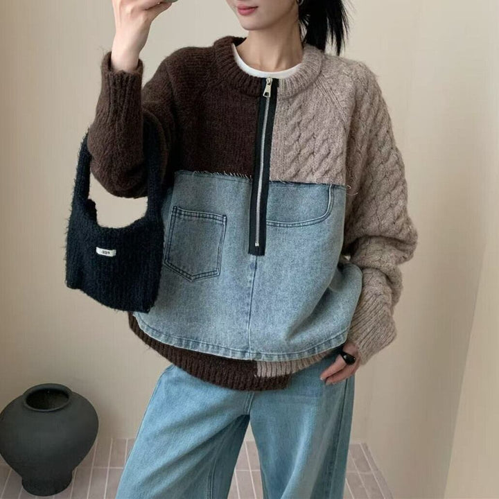 【tops】デニム切り替えニットトップス　N3288