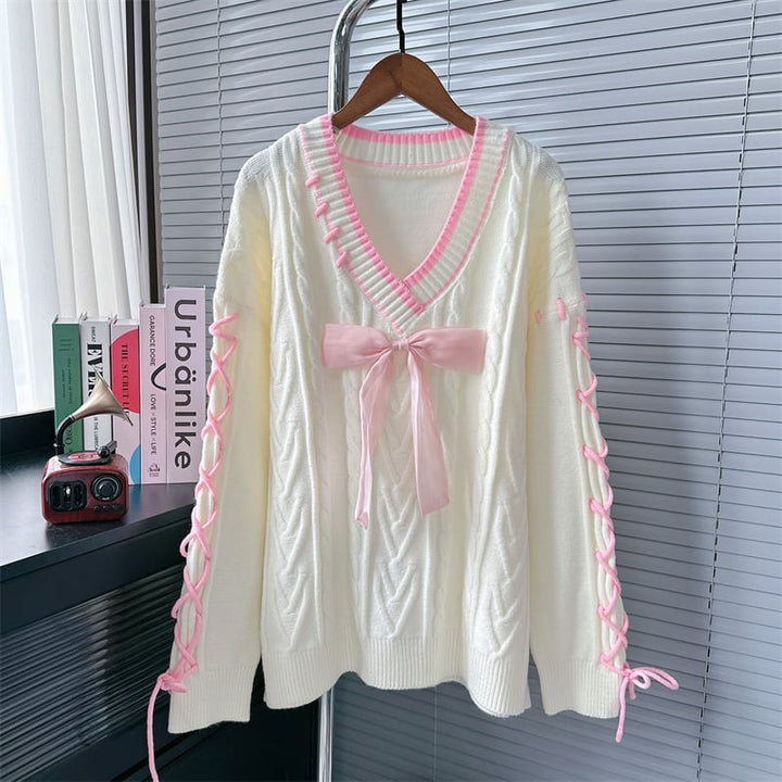 【tops】リボン付きレースアップニットセーター　N2714