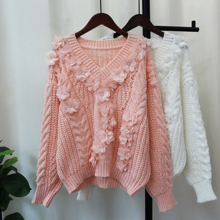 【tops】Vネック立体フラワーニットセーター　M27514