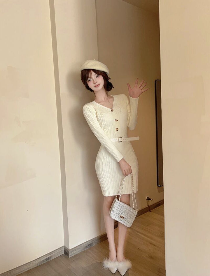 【dress】Vネックニットワンピース　M28378