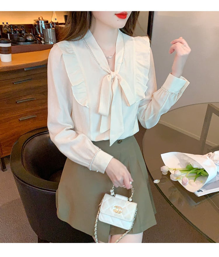 【tops】美人度アップリボン付きシャツトップス超人気　M17338