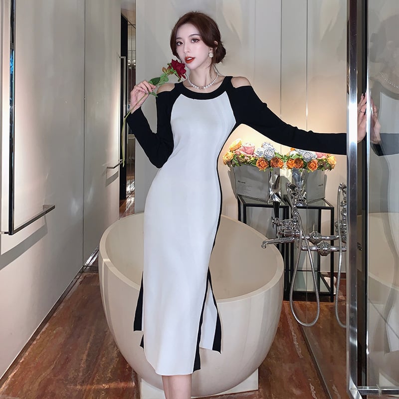 【dress】オフショルダースリットニットワンピース　M17920