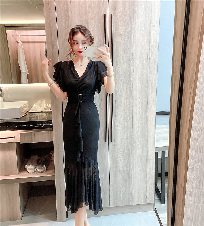 【dress】美人度アップVネックマーメイドワンピース　M17020