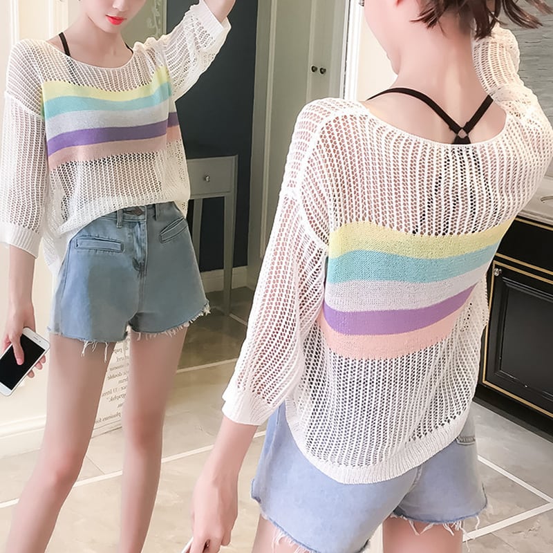 【tops】7 分袖透かしトップス Q8287