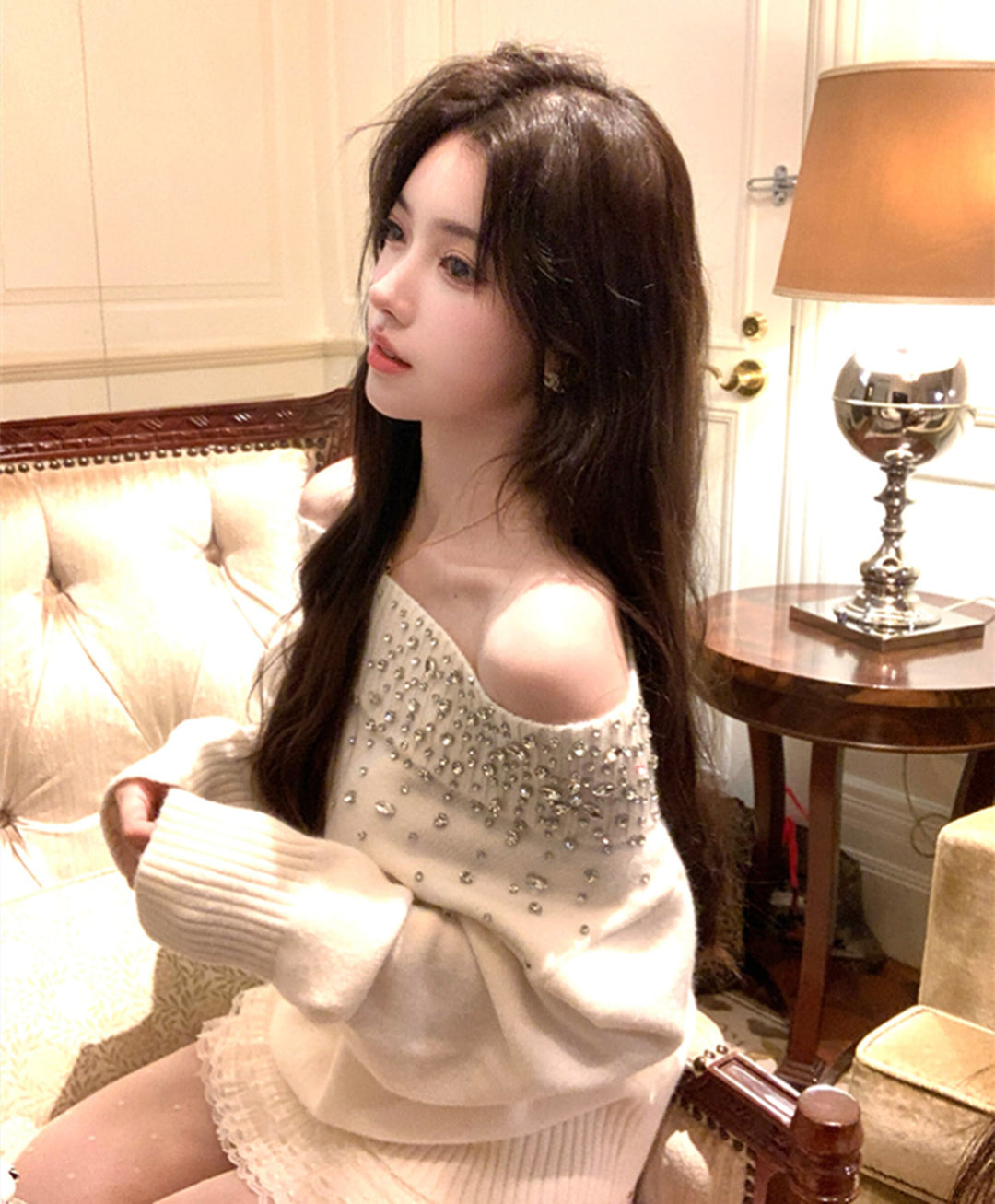 【tops】オフショルビジューニットトップス N3425