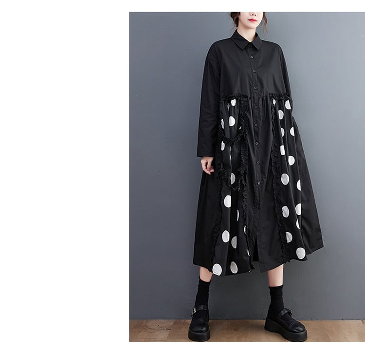 【dress】韓国系プリント切り替えシャツワンピースゆったり　M17448