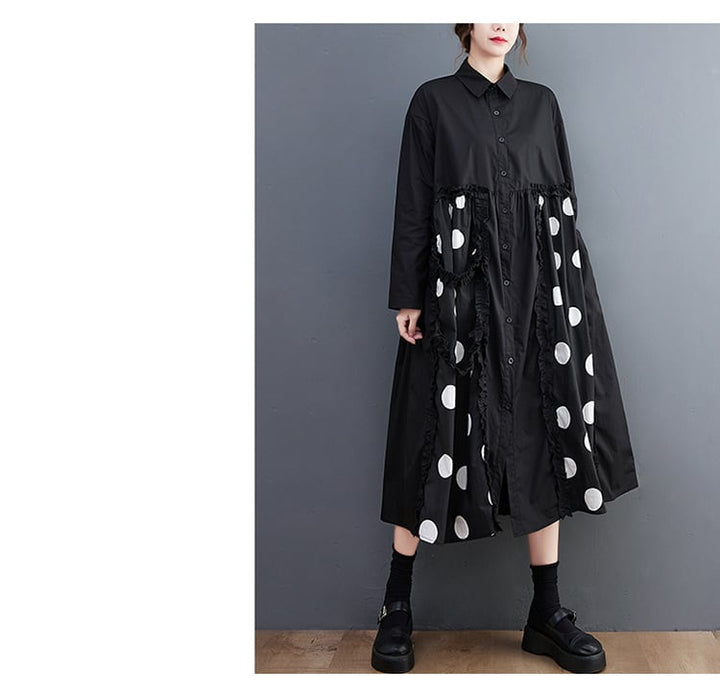 【dress】韓国系プリント切り替えシャツワンピースゆったり　M17448