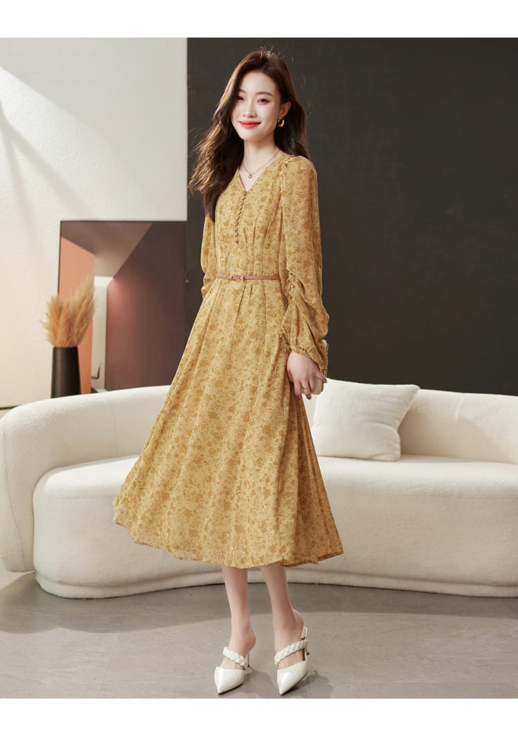 【dress】輝いて超人気 ! Vネック花柄ワンピースベルト付き　M17029