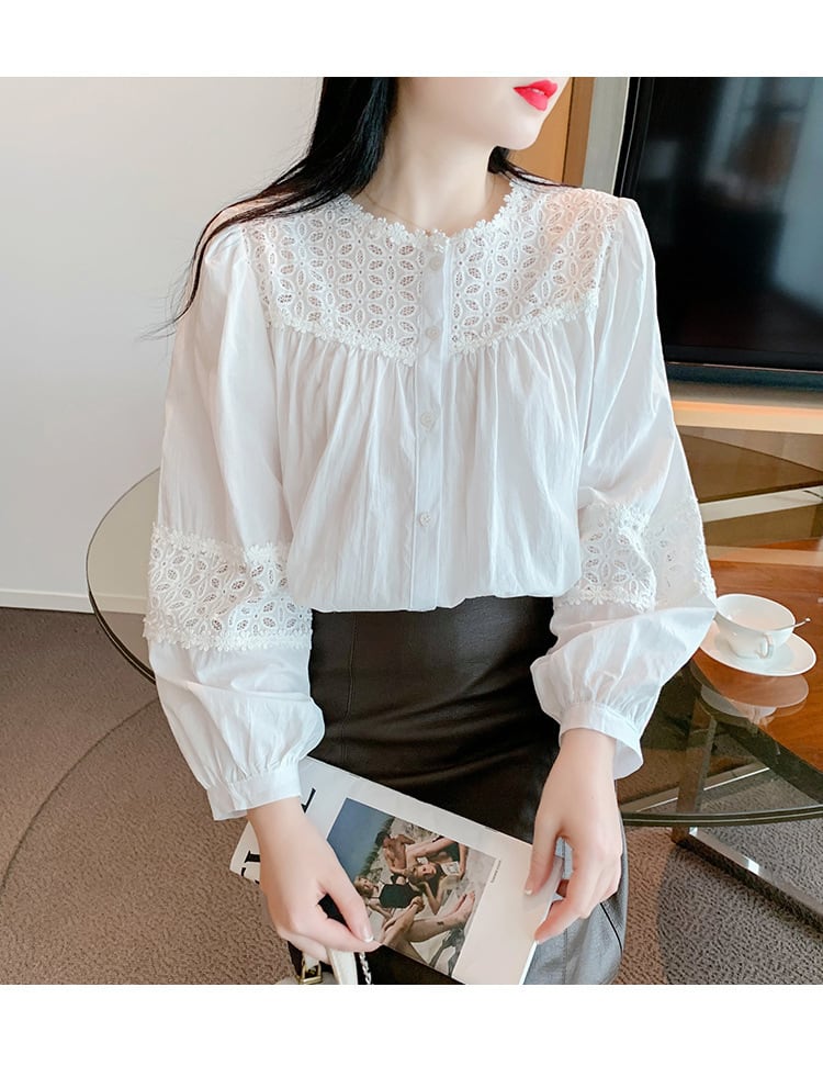 【tops】 爽やかな印象レース切り替え2色シャツトップス　M17297