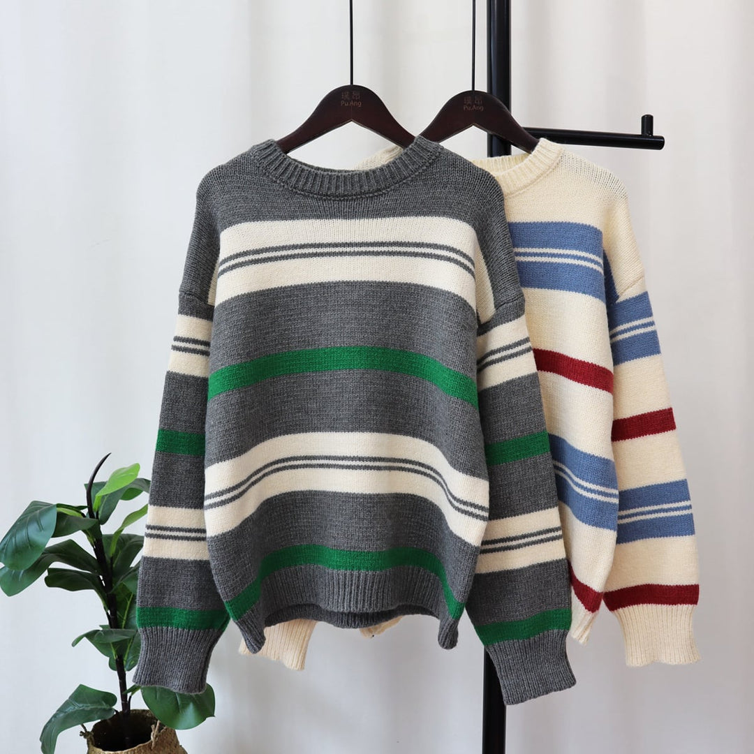 【tops】クルーネックボーダー柄ニットセーター　M17996