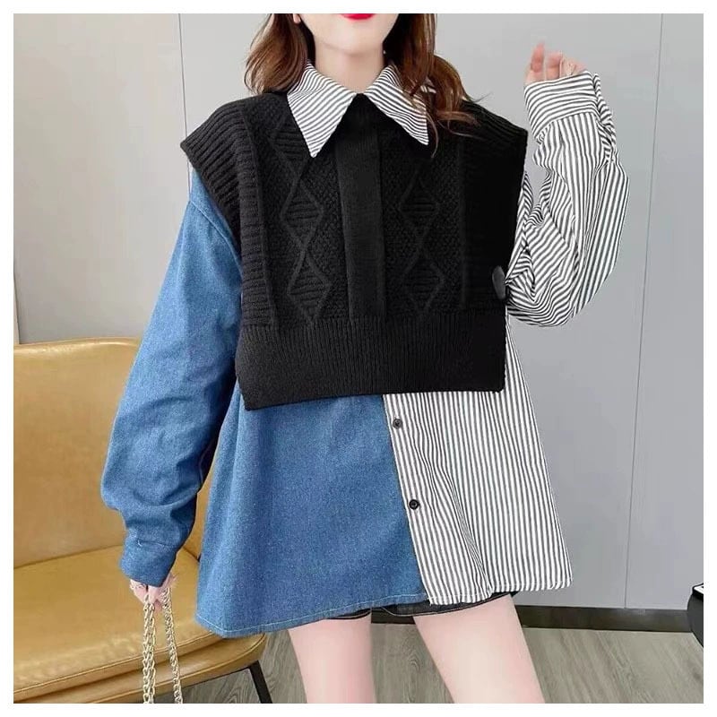 【tops】ニット切り替えデニムシャツトップス　M26845