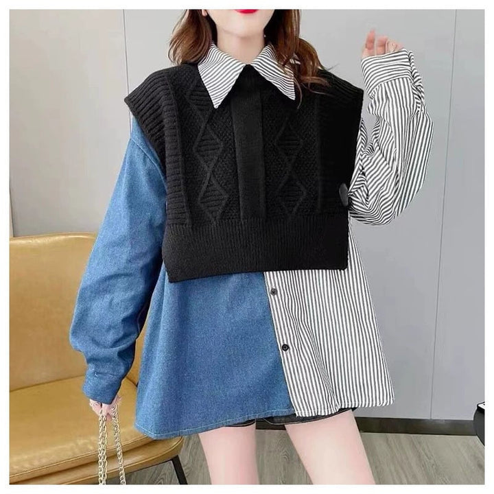 【tops】ニット切り替えデニムシャツトップス　M26845