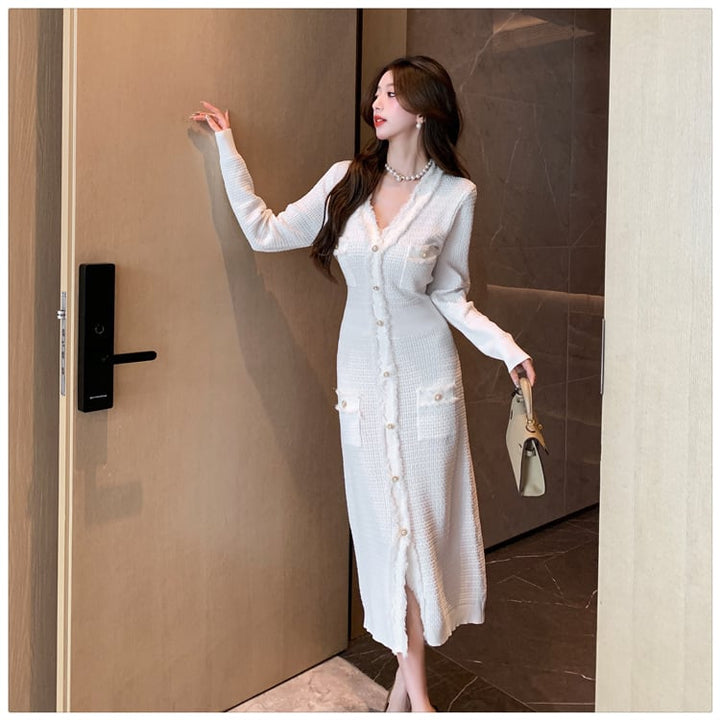 【dress】Vネックボタンデザインニットワンピース　M17919