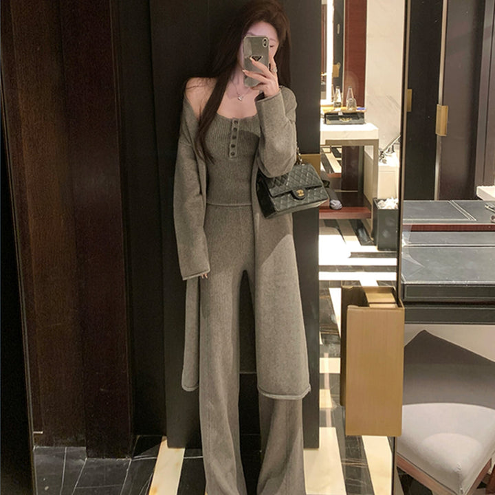 【set】ホルターネックトップス×ロングカーディガン×ワイドパンツ3点セット　N2766