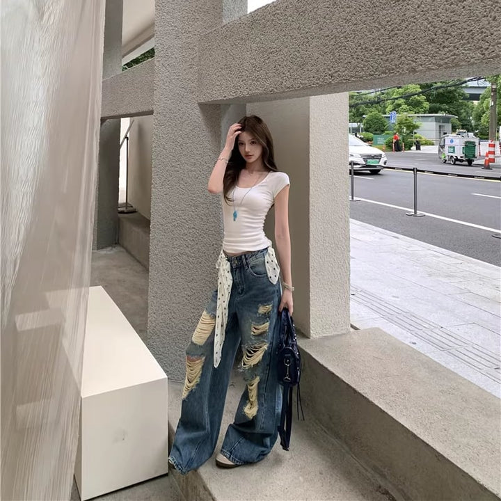 【bottoms】ダメージ加工デニムパンツ Q8303